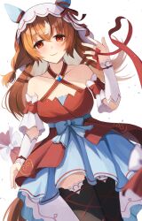Rule 34 | 1girl, absurdres, animal ears, blush, breasts, brown hair, collarbone, commentary request, detached sleeves, fingernails, highres, horse ears, horse girl, horse tail, looking at viewer, medium breasts, nail polish, red eyes, ribbon, sakura nekko, simple background, smile, solo, still in love (umamusume), tail, thighhighs, umamusume, white background