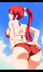 Rule 34 | 1girl, artist name, ass, bikini, breasts, erza scarlet, fairy tail, female focus, gaston18, highres, looking at viewer, looking back, open mouth, outdoors, ponytail, shiny clothes, shiny skin, sky, solo, swimsuit, tongue