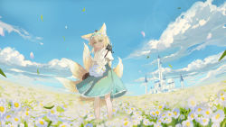 Rule 34 | 1girl, absurdres, animal, animal on shoulder, arknights, bag, blonde hair, blue sky, brown bag, castle, cat, cloud, commentary request, cross-laced clothes, dot nose, floral background, flower, fox, fox girl, fox tail, frilled skirt, frills, green eyes, green skirt, hair flower, hair ornament, hand up, handbag, highres, hui yu yu yu ye, legs apart, lily of the valley, long hair, looking at viewer, open mouth, outdoors, petals, puffy sleeves, shadow, skirt, sky, solo, standing, suzuran (arknights), tail