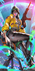 Rule 34 | 1girl, beanie, belt, black hair, blowing bubbles, brown eyes, chewing gum, gloves, green hat, gun, hat, highres, holding, holding gun, holding weapon, jacket, killjoy (valorant), liang xing, long hair, looking at viewer, non-humanoid robot, partially fingerless gloves, robot, round eyewear, solo, valorant, weapon, yellow belt, yellow jacket