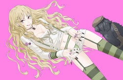 Rule 34 | 1girl, :q, black nails, blonde hair, breasts, cleavage, dog, earrings, fingernails, garter belt, green thighhighs, jewelry, kozaki yuusuke, lingerie, long fingernails, long hair, midriff, nail, nail polish, pale skin, ring, shorts, simple background, solo, striped clothes, striped thighhighs, suspenders, thighhighs, tongue, tongue out, unbuttoned, underwear