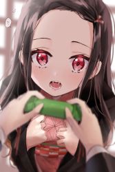 Rule 34 | 1girl, ?, ^^^, bad id, bad pixiv id, bamboo, black hair, blurry, blurry foreground, blush, chigusa minori, commentary request, depth of field, fangs, forehead, gag, unworn gag, hair ribbon, hands on own chest, highres, japanese clothes, kamado nezuko, kimetsu no yaiba, kimono, long hair, long sleeves, looking at viewer, open clothes, open mouth, pink kimono, pov, red eyes, red ribbon, ribbon, sash, sidelocks, solo focus, speech bubble, spoken question mark, upper body, wide sleeves