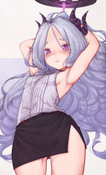 Rule 34 | 1girl, absurdres, armpits, arms behind head, arms up, black skirt, blue archive, blush, commentary request, demon horns, embarrassed, eyes visible through hair, frown, hair between eyes, halo, highres, hina (blue archive), horns, long hair, looking at viewer, mokamocha, pencil skirt, purple eyes, sidelocks, silver hair, simple background, skirt, sleeveless, solo, sweat, white background