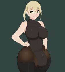 Rule 34 | 1girl, absurdres, bare shoulders, blonde hair, breasts, bulge, collarbone, covered collarbone, covered erect nipples, covered navel, curvy, futanari, g3mma, green eyes, hands on own hips, highres, large breasts, leotard, long hair, maka albarn, pantyhose, simple background, sleeveless, smile, solo, soul eater, thick thighs, thighhighs, thighs, twintails, wide hips