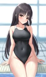 Rule 34 | 1girl, absurdres, armpit crease, arms at sides, bare arms, bare shoulders, black hair, black one-piece swimsuit, blush, breasts, cafe stella to shinigami no chou, closed mouth, collarbone, commentary request, competition swimsuit, covered navel, cowboy shot, curvy, eyelashes, eyes visible through hair, fingernails, frown, groin, hair between eyes, hair over shoulder, head tilt, highleg, highres, indoors, large breasts, long hair, looking at viewer, mole, mole under eye, ncontrail (mgax7527), one-piece swimsuit, pool, shiki natsume, sidelocks, sitting, skindentation, solo, straight-on, straight hair, swimsuit, thigh gap, thighs, tile floor, tiles, very long hair, wet, yellow eyes