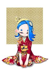 Rule 34 | 1girl, alternate costume, asymmetrical hair, blue hair, cephalopod eyes, closed mouth, colored skin, earrings, eyeliner, floral print, floral print kimono, full body, gradient skin, hachimaki, headband, highres, horizontal pupils, japanese clothes, jewelry, kimono, koharu2.5, long hair, makeup, multicolored skin, multiple earrings, nejiri hachimaki, nintendo, obi, octoling, pink eyes, red eyeliner, red kimono, red pupils, red skin, sash, shiver (splatoon), short eyebrows, sitting, smile, solo, splatoon (series), straight-on, suction cups, tooth earrings, two-tone skin, wariza, yellow sash