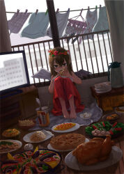 Rule 34 | 1girl, angel wings, brown eyes, brown hair, child, commentary request, dutch angle, eating, feathered wings, food, fried rice, head wreath, highres, laundry, long hair, long skirt, mussel, newspaper, noodles, original, pie, plate, red skirt, salad, skirt, solo, television, turkey (food), wings, yano keito