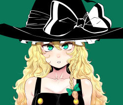 Rule 34 | 1girl, adapted costume, alternate costume, alternate eye color, amazon (taitaitaira), arms at sides, black hat, blonde hair, blush, bow, braid, breasts, cleavage, collarbone, expressionless, eyelashes, green background, green eyes, hair between eyes, hat, hat bow, hat ribbon, head tilt, highres, kirisame marisa, long hair, looking at viewer, medium breasts, naked vest, neck, parted lips, pink lips, ribbon, shiny skin, sidelocks, simple background, single braid, solo, touhou, transparent ribbon, upper body, very long hair, vest, witch hat