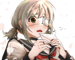 Rule 34 | 1girl, black choker, blue sailor collar, blush, brown eyes, choker, commentary request, eyepatch, falling petals, grey hair, highres, holding, holding letter, korean commentary, letter, long sleeves, low twintails, mixed-language commentary, neckerchief, open mouth, original, partial commentary, petals, red neckerchief, rounizm, sailor collar, school uniform, serafuku, short twintails, sidelocks, solo, twintails, twitter username, upper body, white background