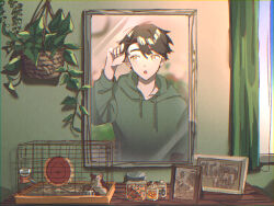 Rule 34 | 1boy, animal, black hair, bottle, cage, commentary request, container, curtains, day, drawstring, green hoodie, hair between eyes, hamster, hamster wheel, hand in own hair, hanging plant, highres, hood, hood down, hoodie, indoors, jar, kagerou project, leaf, long sleeves, looking at mirror, looking to the side, male focus, mekakucity actors, mirror, mokemoke chan, open mouth, pet food, photo (object), picture frame, plant, portrait, potted plant, seto kousuke, short hair, solo, upper body, window, yellow eyes