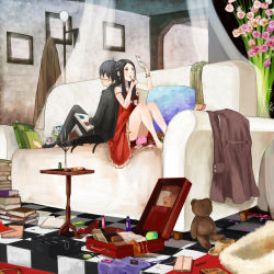 Rule 34 | 1boy, 1girl, applying makeup, back-to-back, bag, bare legs, barefoot, black cat, black hair, black jacket, book, book stack, bookmark, bottle, candelabra, candlestand, cat, checkered floor, closed eyes, clothes, coat, cosmetics, couch, couple, dress, food, formal, glasses, handbag, hat, hetero, high heels, highres, indoors, jacket, jewelry, knees up, lipstick, lipstick tube, long hair, long sleeves, makeup, necklace, on couch, open book, original, pearl necklace, petals, pocky, red dress, red eyes, red footwear, shigureteki, shoes, sitting, sleeping, sleeveless, sleeveless dress, strap slip, stuffed animal, stuffed toy, suit, suitcase, table, teddy bear, unworn coat, unworn eyewear, unworn hat, unworn headwear, unworn shoes, white upholstery