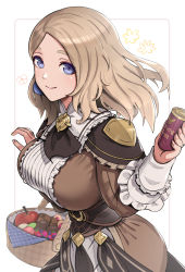 Rule 34 | 1girl, alternate hairstyle, apple, basket, blonde hair, blue eyes, breasts, brown dress, commentary request, cookie, dress, fire emblem, fire emblem: three houses, fire emblem warriors, fire emblem warriors: three hopes, food, fruit, gonzarez, hand up, highres, holding, large breasts, long hair, looking at viewer, medium hair, mercedes von martritz, nintendo, simple background, smile, solo, upper body, white background