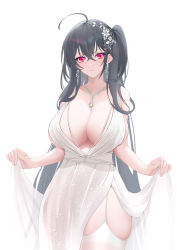 Rule 34 | 1girl, ahoge, azur lane, black hair, breasts, center opening, cleavage, clothes lift, cocktail dress, cowboy shot, dress, dress lift, earrings, evening gown, garter straps, hair between eyes, hair strand, huge breasts, jewelry, long hair, looking at viewer, necklace, official alternate costume, plunging neckline, purple eyes, satin dress, see-through, see-through dress, simple background, skindentation, sleeveless, sleeveless dress, solo, taihou (azur lane), taihou (temptation on the sea breeze) (azur lane), thighhighs, thighs, toki to shishin, very long hair, wedding dress, white background, white dress, white thighhighs