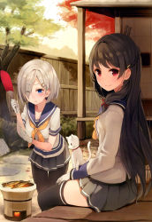 Rule 34 | 10s, 2girls, black hair, blue eyes, breasts, cat, cooking, hand fan, fish, gloves, hamakaze (kancolle), highres, isokaze (kancolle), kantai collection, long hair, multiple girls, non-web source, official art, one eye closed, pantyhose, parsley-f, pleated skirt, red eyes, school uniform, serafuku, short hair, silver hair, skirt, thighhighs