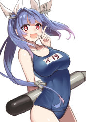Rule 34 | 1girl, akagi kurage, blue hair, breasts, cowboy shot, flower-shaped pupils, hair between eyes, hair ornament, hair ribbon, highres, holding, holding torpedo, i-19 (kancolle), kantai collection, large breasts, long hair, looking at viewer, name tag, one-piece swimsuit, open mouth, red eyes, ribbon, school swimsuit, simple background, solo, swimsuit, symbol-shaped pupils, torpedo, tri tails, white background