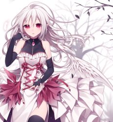 Rule 34 | 1girl, ahoge, albino, bare shoulders, black gloves, black thighhighs, blush, dress, earrings, elbow gloves, eyebrows, feathered wings, female focus, fingerless gloves, gloves, hijiri (resetter), jewelry, long hair, looking at viewer, original, outdoors, plant, pointy ears, red eyes, sleeveless, solo, standing, thighhighs, tree, white background, white hair, wings