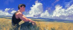 Rule 34 | 1boy, absurdres, berserk, black hair, black tank top, cloud, cloudy sky, commentary, day, english commentary, from side, guts (berserk), highres, landscape, male focus, maskoo185826, mountainous horizon, outdoors, profile, short hair, sitting, sky, solo, tank top