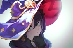Rule 34 | 1girl, absurdres, aqua eyes, choker, closed mouth, earrings, fur collar, genshin impact, gilmang, grey background, hair between eyes, hair ribbon, hat, highres, jewelry, long hair, mona (genshin impact), purple hair, purple hat, ribbon, simple background, solo, twintails, upper body, witch hat