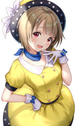 Rule 34 | 1girl, bow, dress, gloves, hand on own hip, hand up, hat, light brown hair, looking at viewer, love live!, love live! nijigasaki high school idol club, nakasu kasumi, neckerchief, open mouth, puffy short sleeves, puffy sleeves, red eyes, sankuro (agoitei), short hair, short sleeves, simple background, solo, standing, upper body, white background, white gloves, yellow dress