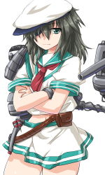 Rule 34 | 10s, 1girl, aqua eyes, crossed arms, dd (ijigendd), eyepatch, hat, kantai collection, kiso (kancolle), looking at viewer, navel, neckerchief, pouch, simple background, skirt, smile, solo, white background