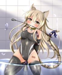 Rule 34 | 1girl, absurdres, anal beads, animal ears, bare shoulders, bdsm, black one-piece swimsuit, black thighhighs, blonde hair, bondage, bound, cat ears, cat girl, cat tail, collar, collarbone, covered erect nipples, covered navel, female focus, highres, hotel01, kneeling, lock, long hair, mouth hold, one-piece swimsuit, original, sex toy, solo, swimsuit, tail, thighhighs, water, wet, yellow eyes