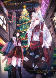 Rule 34 | 2girls, absurdres, baggy pants, bare shoulders, black footwear, black hair, blunt bangs, boots, bow, casual, christmas, christmas tree, commentary, contemporary, earbuds, earphones, fujiwara no mokou, grin, hair bow, highres, houraisan kaguya, kamigakushi no cho sakura, long hair, long sleeves, multiple girls, ofuda, one eye closed, pants, parted lips, pink shirt, red bow, red eyes, red neckwear, red scarf, scarf, shirt, smile, thighhighs, touhou, very long hair, white hair, white legwear, white shirt, zettai ryouiki