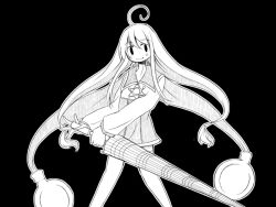 Rule 34 | 1girl, ahoge, blush, closed mouth, coat, dress, greyscale, hair ornament, lilka eleniak, long hair, looking at viewer, low-tied long hair, monochrome, sidelocks, simple background, skirt, smile, smison, solo, thighhighs, twintails, umbrella, wild arms, wild arms 2
