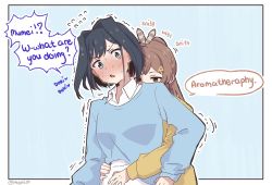 Rule 34 | 2girls, blue sweater, blush, breasts, english text, feather hair ornament, feathers, hair ornament, heart, highres, hololive, hololive english, hug, hug from behind, long hair, medium breasts, meyshi, multiple girls, nanashi mumei, open mouth, ouro kronii, short hair, smelling, speech bubble, sweat, sweater, nervous sweating, trembling, v-shaped eyebrows, virtual youtuber, yellow sweater