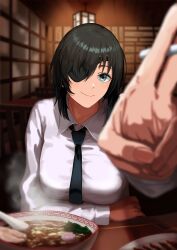 Rule 34 | 1girl, arm rest, arm under breasts, between fingers, black hair, black necktie, blurry, bowl, breasts, chainsaw man, cigarette, closed mouth, collared shirt, depth of field, eyepatch, food, grey eyes, hand up, highres, himeno (chainsaw man), holding, holding cigarette, incoming cigarette, large breasts, looking at viewer, mandei (nao 1234567), necktie, noodles, outstretched arm, pov, pov across table, ramen, restaurant, shirt, short hair, smile, solo, steam, white shirt