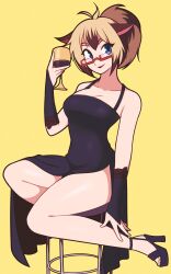 Rule 34 | 1girl, absurdres, animal ears, antenna hair, bare shoulders, black dress, black footwear, blonde hair, breasts, brown hair, chair, cleavage, collarbone, commentary, commission, cup, detached sleeves, dress, full body, glasses, high heels, highres, holding, holding cup, jeff miga, looking at viewer, multicolored hair, original, ponytail, red-framed eyewear, semi-rimless eyewear, side slit, simple background, sitting, sleeveless, sleeveless dress, solo, symbol-only commentary, thighs, two-tone hair, yellow background