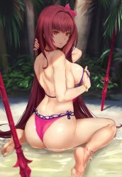 Rule 34 | 1girl, adjusting hair, ass, barefoot, beach, breasts, fate/grand order, fate (series), feet, flower, from behind, gae bolg (fate), hair ornament, jilllxlxl, large breasts, long hair, looking back, polearm, purple hair, red eyes, sand, scathach (fate), scathach (fate), scathach (swimsuit assassin) (fate), sideboob, soles, solo, spear, swimsuit, weapon