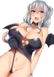 Rule 34 | 1girl, alternate costume, bat wings, blue eyes, blush, breasts, cameltoe, cleavage, cleft of venus, clothes pull, eyes visible through hair, fat mons, foreshortening, gloves, hair between eyes, highres, kantai collection, kashima (kancolle), kitajima yuuki, large breasts, legs together, looking at viewer, navel, open mouth, partially visible vulva, pulling own clothes, sidelocks, silver hair, simple background, solo, standing, thighs, twintails, wavy hair, wedgie, white background, wings