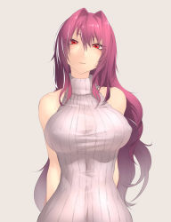 Rule 34 | 1girl, bare shoulders, breasts, commentary, covered erect nipples, fate/grand order, fate (series), gingami (giluziru), grey background, highres, large breasts, long hair, looking at viewer, purple hair, red eyes, ribbed sweater, scathach (fate), scathach (fate), simple background, solo, sweater, turtleneck, turtleneck sweater