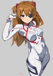 Rule 34 | 1girl, absurdres, blue eyes, bodysuit, breasts, closed mouth, covered navel, curvy, evangelion: 3.0+1.0 thrice upon a time, eyepatch, female focus, highres, long hair, looking at viewer, neon genesis evangelion, orange hair, pilot suit, plugsuit, rebuild of evangelion, simple background, solo, souryuu asuka langley, standing, t-lex, white bodysuit, wide hips