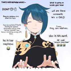 Rule 34 | 1boy, abbystea, asymmetrical hair, blue background, blue hair, chinese clothes, closed eyes, closed mouth, earrings, emoji, english text, genshin impact, gradient background, jewelry, male focus, single earring, smile, solo, tassel, tassel earrings, typing, upper body, white background, xingqiu (genshin impact)