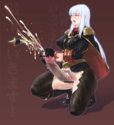 Rule 34 | 00s, 1girl, blue hair, blush, breasts, cape, censored, covered erect nipples, cum, ejaculation, futanari, futanari masturbation, gloves, large breasts, long hair, masturbation, mikoyan, military, military uniform, no panties, object insertion, open mouth, pantyhose, penis, pubic hair, pussy, red eyes, selvaria bles, senjou no valkyria, senjou no valkyria (series), senjou no valkyria 1, sex toy, solo, squatting, uniform, urethral beads, urethral insertion