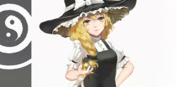 Rule 34 | 1girl, absurdres, arm up, black hat, black vest, blonde hair, braid, commentary, hand on own hip, hat, head tilt, highres, kirisame marisa, light smile, lips, long hair, looking at viewer, open hand, puffy short sleeves, puffy sleeves, shirt, short sleeves, simple background, single braid, solo, star (symbol), touhou, upper body, very long hair, vest, white background, white shirt, witch hat, y.u, yellow eyes, yin yang