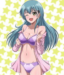 Rule 34 | 1girl, aqua hair, bare shoulders, blush, bra, breasts, cleavage, collarbone, green eyes, hair ornament, hairclip, jacket, kantai collection, large breasts, looking at viewer, navel, off shoulder, one eye closed, open clothes, open jacket, open mouth, panties, pink jacket, purple bra, purple panties, solo, star (symbol), starry background, straight hair, suzuya (kancolle), underwear, zanntetu
