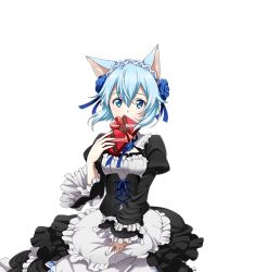 Rule 34 | 1girl, animal ears, apron, blue eyes, blue flower, blue hair, blue ribbon, box, cat ears, covering own mouth, flower, hair between eyes, hair flower, hair ornament, hair ribbon, holding, holding box, looking at viewer, maid, ribbon, short hair, sinon (sao-alo), solo, standing, sword art online, transparent background, white apron