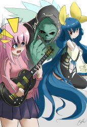 Rule 34 | 1boy, 2girls, absurdres, black skirt, blue eyes, blue hair, bocchi the rock!, breasts, crossover, detached sleeves, dizzy (guilty gear), gotoh hitori, guilty gear, guitar, hair ornament, hairclip, highres, holding, holding instrument, instrument, large breasts, long hair, multiple girls, necro (guilty gear), pink hair, red eyes, ribbon, skirt, sonic-x, track suit, very long hair, wings, yellow ribbon