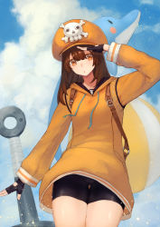 Rule 34 | 1girl, anchor, bag, ball, beachball, bike shorts, breasts, brown eyes, brown hair, day, doll, dolphin, fingerless gloves, gloves, guilty gear, guilty gear strive, hat, highres, hood, hoodie, long hair, looking at viewer, may (guilty gear), md5 mismatch, open mouth, orange hat, orange hoodie, orange shirt, pirate, pirate hat, resolution mismatch, shirt, skull and crossbones, sky, small breasts, solo, source larger, stuffed toy, toima (beat0829), water, weapon