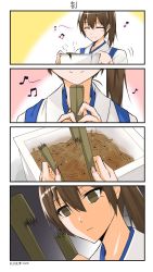 Rule 34 | 1girl, 4koma, ^ ^, batacchi (mashimashi butter), beamed eighth notes, brown eyes, brown hair, chopsticks, closed eyes, comic, commentary request, cup ramen, eighth note, empty eyes, failure, hair between eyes, highres, instant soba, japanese clothes, kaga (kancolle), kantai collection, music, musical note, side ponytail, silent comic, singing, smile, solo, tasuki, translation request, truth, yakisoba