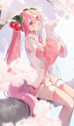 Rule 34 | 1girl, blush, cherry blossoms, cherry hair ornament, detached sleeves, food-themed hair ornament, hair ornament, hatsune miku, headset, highres, long hair, long sleeves, looking up, mani (second-dimension), necktie, on branch, open mouth, petals, pink eyes, pink hair, pleated skirt, sakura miku, shirt, sitting, skirt, sleeveless, sleeveless shirt, smile, solo, thighhighs, twintails, very long hair, vocaloid