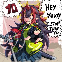 Rule 34 | 1girl, black serafuku, blonde hair, breasts, brown hair, collarbone, colored tips, cropped legs, duel monster, fingerless gloves, gloves, hand in pocket, highres, holding, holding sword, holding weapon, jacket, large breasts, lewdamone, long sleeves, multicolored hair, nail polish, open clothes, open jacket, pleated skirt, pointy ears, red hair, red nails, school uniform, serafuku, skirt, solo, speech bubble, spiked hair, sword, teeth, weapon, you&#039;re finished (yu-gi-oh!), yu-gi-oh!