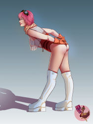 Rule 34 | 1girl, ass, breasts, covered erect nipples, flcl, from behind, full body, gloves, goggles, half-closed eyes, haruhara haruko, hen tie studio, highleg, highres, leotard, looking back, nipples, panties, panty lift, realistic, see-through, self-upload, solo, swimsuit, thighs, thong, underwear, wedgie