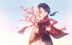 Rule 34 | 10s, 1boy, ^ ^, aged down, brown hair, cherry blossoms, closed eyes, flower, hakama, hakama skirt, instockeee, instocklee, japanese clothes, kashuu kiyomitsu, long hair, male focus, md5 mismatch, mole, mole under mouth, petals, ponytail, red scarf, resolution mismatch, scarf, skirt, smile, solo, source smaller, touken ranbu