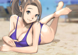 Rule 34 | 1girl, ass, barefoot, beach, blue one-piece swimsuit, breasts, brown eyes, brown hair, cleavage, clothes pull, collarbone, competition swimsuit, dytm, feet, feet up, female focus, head tilt, highres, large breasts, lips, long hair, looking at viewer, lying, on stomach, one-piece swimsuit, one-piece swimsuit pull, original, outdoors, ponytail, pool monitor part-timer (dtym), sand, smile, soles, solo, summer, swimsuit, the pose, toes