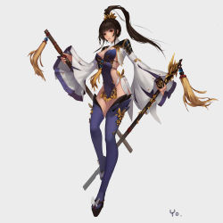 Rule 34 | 1girl, black hair, blush, butterfly wings, hair ornament, highres, insect wings, looking at viewer, original, ponytail, sleeves past wrists, solo, sword, weapon, wings, yellow eyes, yoyoo