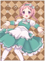 Rule 34 | 1girl, :d, apron, argyle, argyle background, argyle clothes, blush, bottle, bow, braid, brown background, commentary request, cup, dress, frilled apron, frills, green dress, green hairband, gucchiann, hairband, heart, highres, juliet sleeves, key, long sleeves, looking at viewer, mimi (princess connect!), mimi (real) (princess connect!), open mouth, outstretched arms, pantyhose, parted bangs, pink hair, pocket watch, princess connect!, puffy sleeves, purple eyes, saucer, shirt, sleeveless, sleeveless dress, smile, solo, striped, striped bow, teacup, twin braids, twintails, waist apron, watch, white apron, white bow, white pantyhose, white shirt