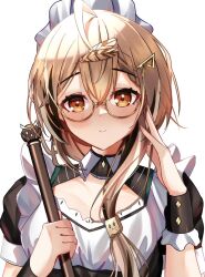 Rule 34 | 1girl, :&gt;, adjusting eyewear, ahoge, alphaart, alternate costume, apron, bird, brown eyes, brown hair, cane, cleavage cutout, clothing cutout, crossed bangs, feather hair ornament, feathers, fingernails, glasses, hair ornament, holding, holding cane, hololive, hololive english, looking at viewer, maid, maid apron, maid headdress, multicolored hair, nanashi mumei, owl, round eyewear, side ponytail, smile, solo, streaked hair, virtual youtuber, wrist cuffs